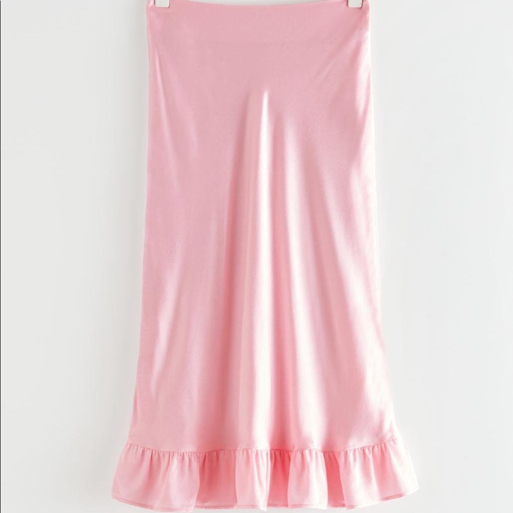 Pink Ruffle Satin Midi Skirt